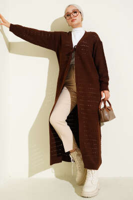 Pazarium - Bağcık Detaylı Uzun Triko Hırka Kahve