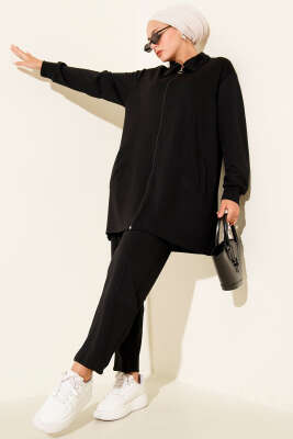 Pazarium - Fermuarlı Loyşa Cepli İkili Takım Siyah