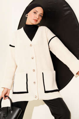 Cepli Gold Düğmeli Triko Hırka Bej - Thumbnail