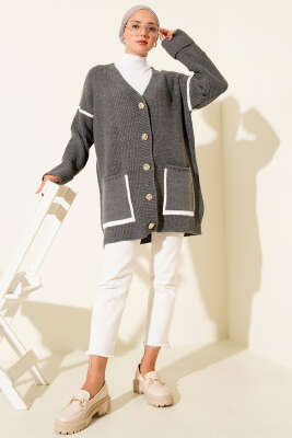 Cepli Gold Düğmeli Triko Hırka Füme - Thumbnail