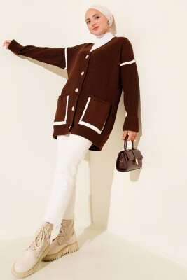 Cepli Gold Düğmeli Triko Hırka Kahve - Thumbnail