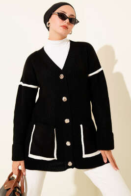 Pazarium - Cepli Gold Düğmeli Triko Hırka Siyah