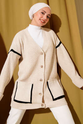 Cepli Gold Düğmeli Triko Hırka Taş - Thumbnail