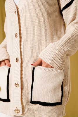 Cepli Gold Düğmeli Triko Hırka Taş - Thumbnail