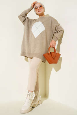 Baklava Çizgi Detaylı Triko Tunik Bej - Thumbnail