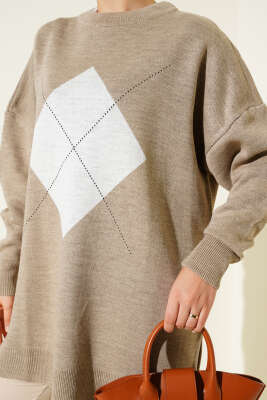 Baklava Çizgi Detaylı Triko Tunik Bej - Thumbnail