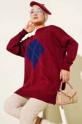 Baklava Çizgi Detaylı Triko Tunik Bordo - Thumbnail