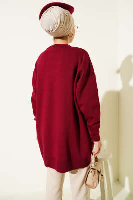 Baklava Çizgi Detaylı Triko Tunik Bordo - Thumbnail