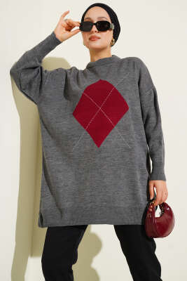 Baklava Çizgi Detaylı Triko Tunik Füme - Thumbnail