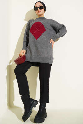 Baklava Çizgi Detaylı Triko Tunik Füme - Thumbnail