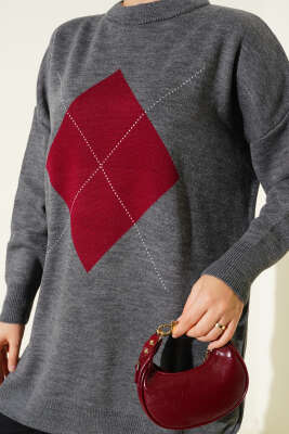 Baklava Çizgi Detaylı Triko Tunik Füme - Thumbnail