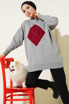 Baklava Çizgi Detaylı Triko Tunik Gri - Thumbnail