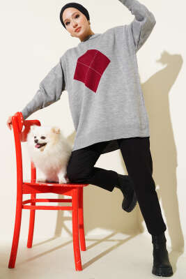 Baklava Çizgi Detaylı Triko Tunik Gri - Thumbnail