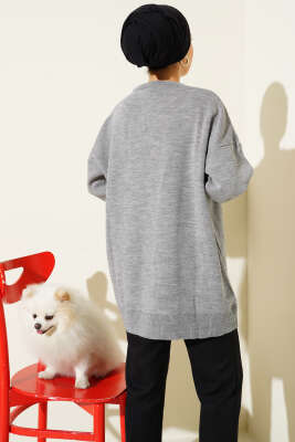 Baklava Çizgi Detaylı Triko Tunik Gri - Thumbnail