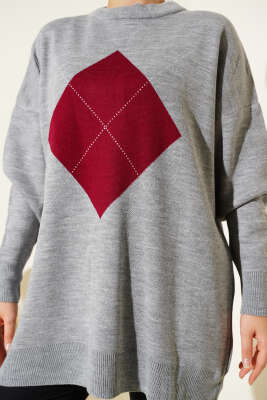 Baklava Çizgi Detaylı Triko Tunik Gri - Thumbnail