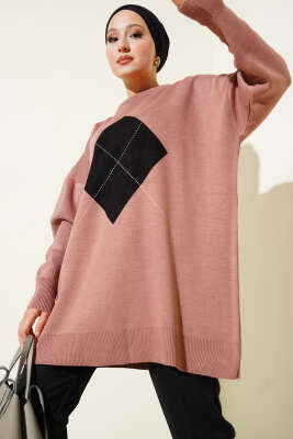 Baklava Çizgi Detaylı Triko Tunik Gül Kurusu - Thumbnail