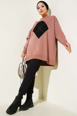 Baklava Çizgi Detaylı Triko Tunik Gül Kurusu - Thumbnail