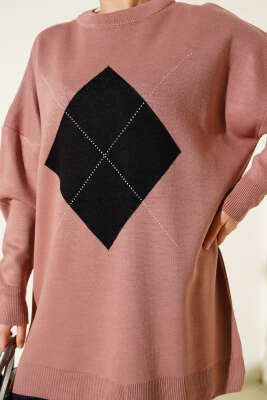 Baklava Çizgi Detaylı Triko Tunik Gül Kurusu - Thumbnail