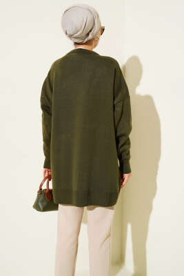 Baklava Çizgi Detaylı Triko Tunik Haki - Thumbnail