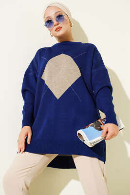 Baklava Çizgi Detaylı Triko Tunik Lacivert - Thumbnail