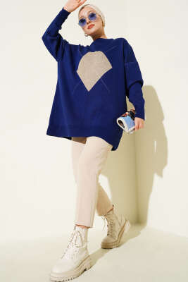 Baklava Çizgi Detaylı Triko Tunik Lacivert - Thumbnail