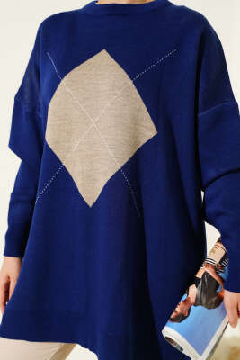 Baklava Çizgi Detaylı Triko Tunik Lacivert - Thumbnail