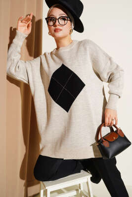 Baklava Çizgi Detaylı Triko Tunik Taş - Thumbnail