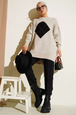 Baklava Çizgi Detaylı Triko Tunik Taş - Thumbnail