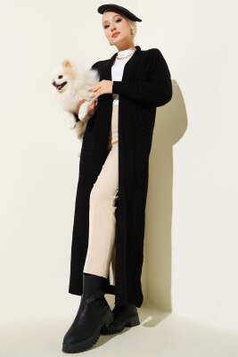 Pazarium - Zikzak Desenli Uzun Triko Hırka Siyah