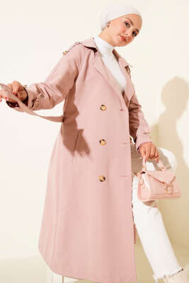 Pazarium - Apoletli Kruvaze Yaka Trençkot Pudra