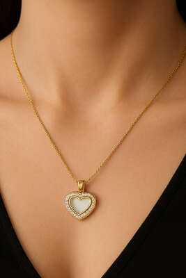 Pazarium - Kalp İnce Taş Geçişli Kolye Gold
