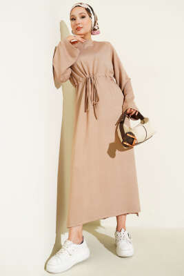 Pazarium - Loyşa Bel Tünel Detaylı Elbise Latte