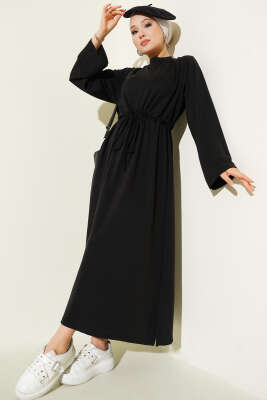 Pazarium - Loyşa Bel Tünel Detaylı Elbise Siyah