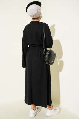 Loyşa Bel Tünel Detaylı Elbise Siyah - Thumbnail