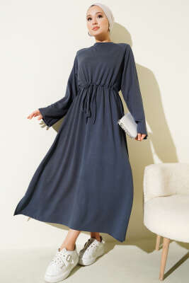 Pazarium - Loyşa Bel Tünel Detaylı Elbise Füme