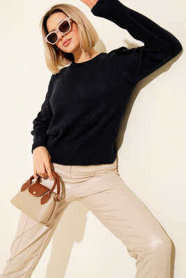 Pazarium - Bisiklet Yaka Triko Kazak Lacivert