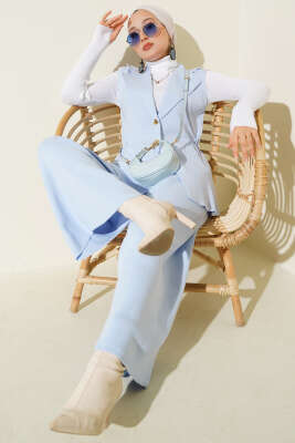 Pazarium - Kruvaze Yelekli İkili Triko Takım Mavi