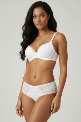 Pazarium - Jakarlı Dantel Detaylı Destekli Sütyen Takım Ekru