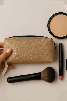 Pazarium - Simli Makyaj Çantası Gold