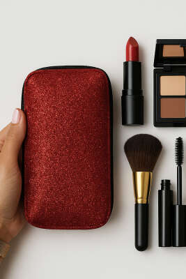 Pazarium - Simli Makyaj Çantası Kırmızı