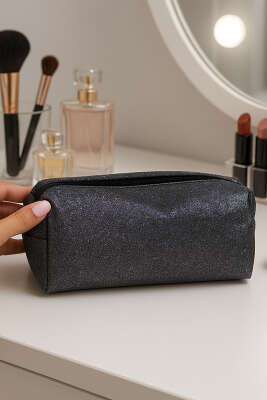 Pazarium - Simli Makyaj Çantası Platin