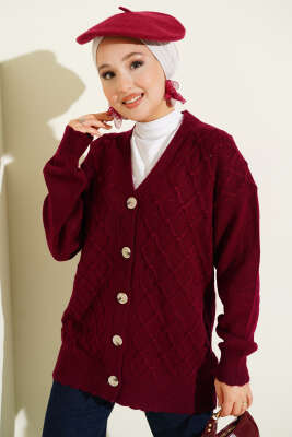 Pazarium - Baklava Desenli Düğmeli Triko Hırka Bordo