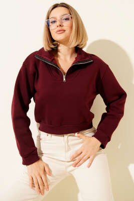 Pazarium - Yarım Fermuarlı Şardonlu Kısa Sweatshirt Bordo