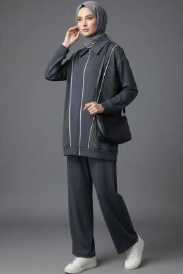 Pazarium - Loyşa Taşlı Fermuarlı İkili Takım Füme