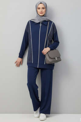 Pazarium - Loyşa Taşlı Fermuarlı İkili Takım Lacivert