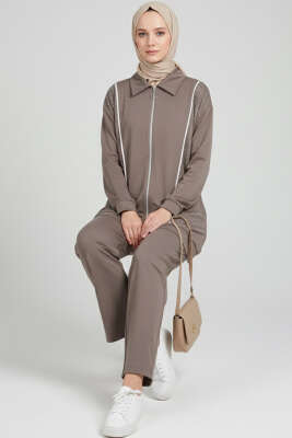 Pazarium - Loyşa Taşlı Fermuarlı İkili Takım Vizon