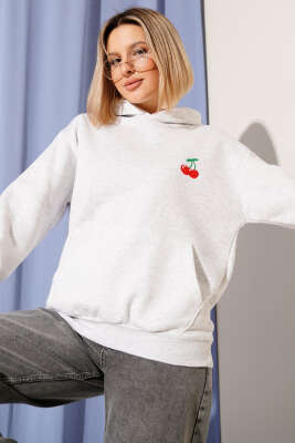 Kapşonlu Kiraz Baskılı Sweatshirt Gri - Thumbnail