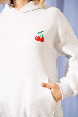 Kapşonlu Kiraz Baskılı Sweatshirt Gri - Thumbnail