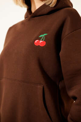 Kapşonlu Kiraz Baskılı Sweatshirt Kahve - Thumbnail