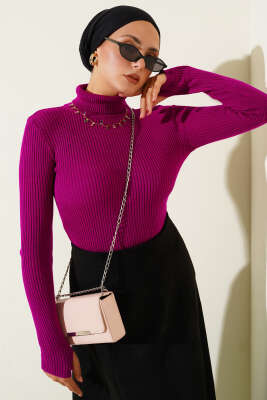 Pazarium - Balıkçı Yaka Parmak Geçirmeli Triko Kazak Mor